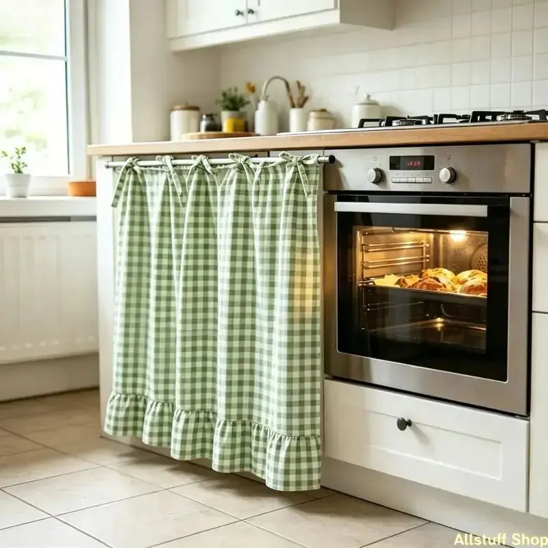 Country Farmhouse Stove Curtain with Ruffle Edge, Plaid Cotton-Linen Valance with Tie Straps, Rustic Kitchen Accessories for Oven Fronts tiktokshopbacktoschool