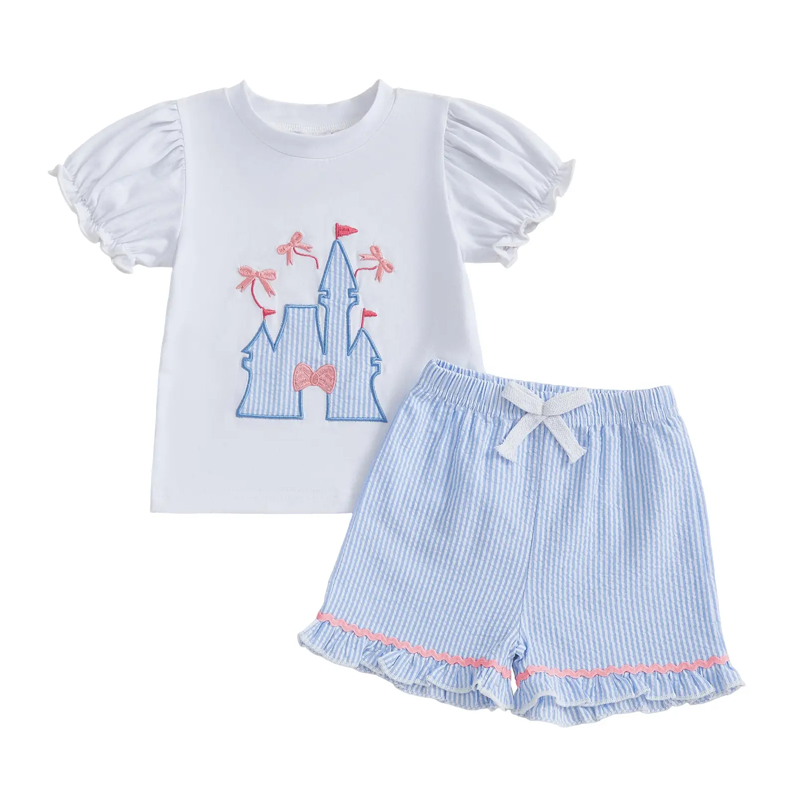 Toddler Girls Summer Outfit Bow Embroidery Short Sleeves T-Shirt and Elastic Striped Shorts Set Cute 2 Piece Clothes
