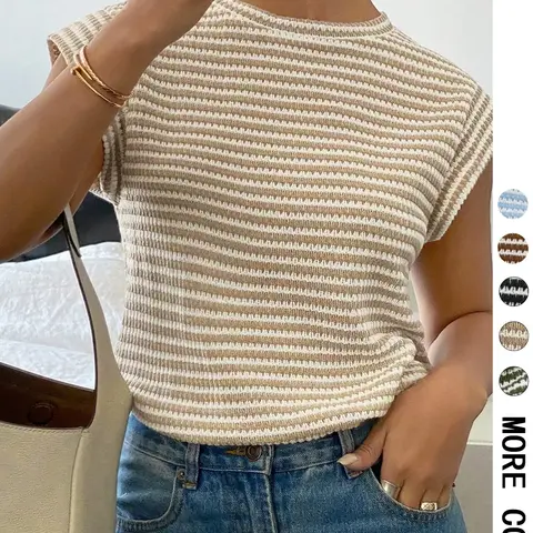 Women's Striped Print Crew Neck Tee, Casual Slim-fitting Cap Sleeve T-shirt, Ladies Summer Clothes for Daily Wear, Everyday T Shirt, Top