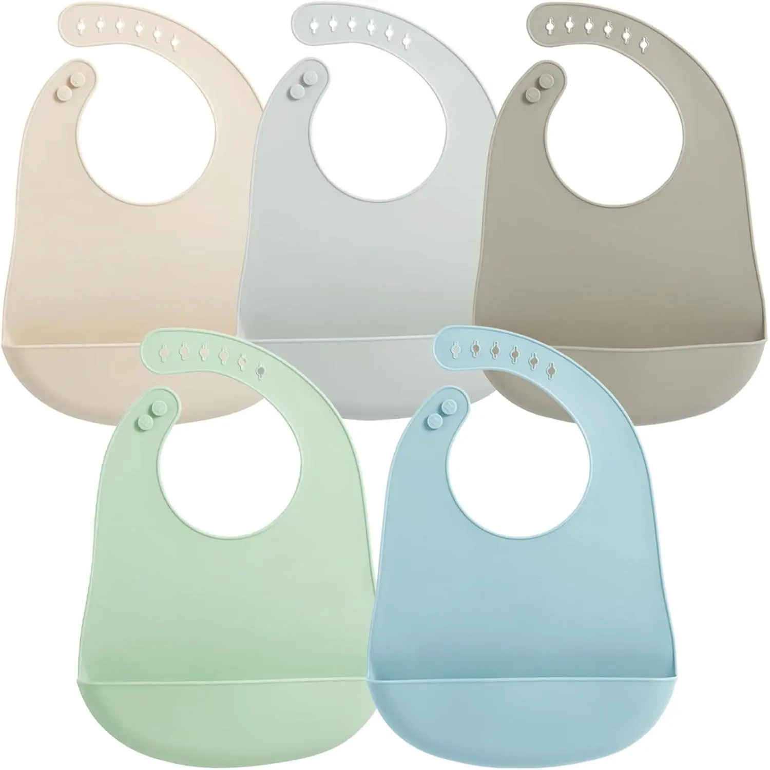 5 Pack Waterproof Silicone Baby Bibs |     Super Thin Light Weight Feeding Bib with Food Catcher Pocket  Toddler