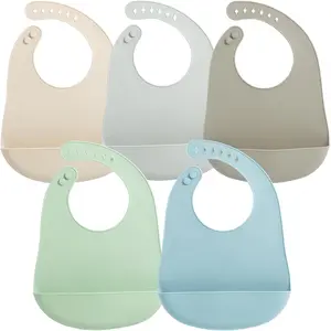 5 Pack Waterproof Silicone Baby Bibs |     Super Thin Light Weight Feeding Bib with Food Catcher Pocket  Toddler