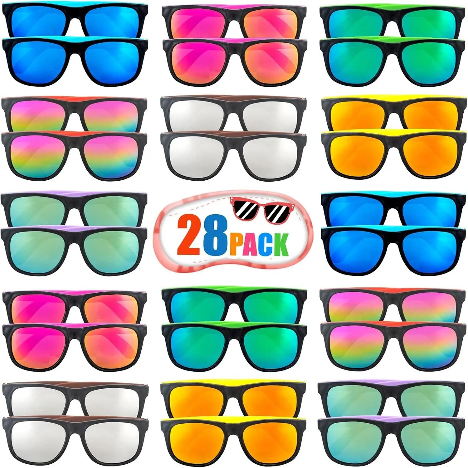 28 Pack 7 Colors Bulk Party Favor Sunglasses for Adults & Teens, 80s Retro Novelty Sunglasses for Summer Pool, Beach, Birthday, Graduation, Outdoor Party Supplies, Goody Bag Fillers(Gift)