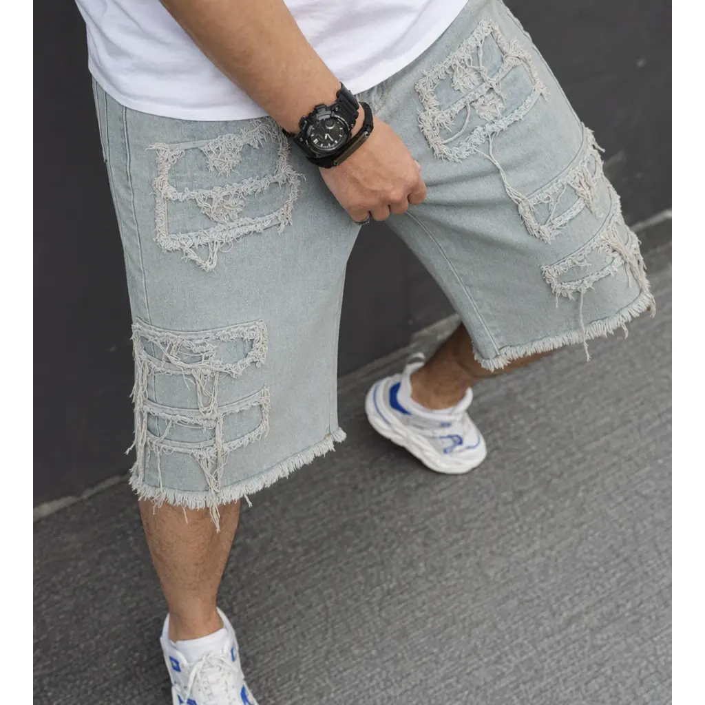 Men Light Wash Fray Patchwork Cargo Denim Jorts Mid Rise Loose Knee Length Distressed Raw Hem Denim Shorts, Vintage Tassel Fringe Pocket Design, Available In Light Wash & Dark Wash With Multiple Color Combination Bundles For Streetwear