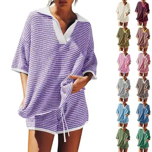 Fessceruna Womens Sweater Set 2 Piece Outfits Oversized 3/4 Sleeve V Neck Knit Tops High Waisted Shorts Lounge Sets