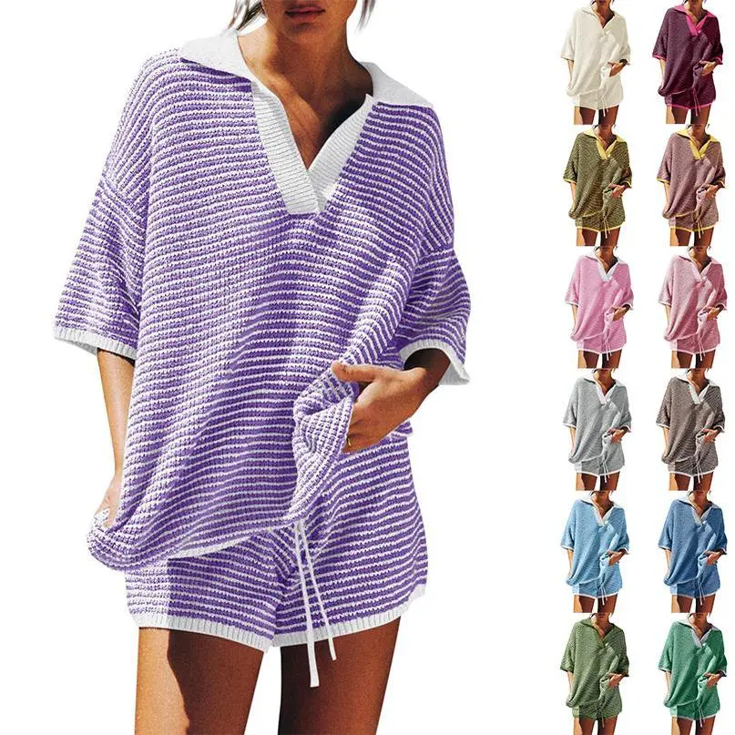 Fessceruna Womens Sweater Set 2 Piece Outfits Oversized 3/4 Sleeve V Neck Knit Tops High Waisted Shorts Lounge Sets