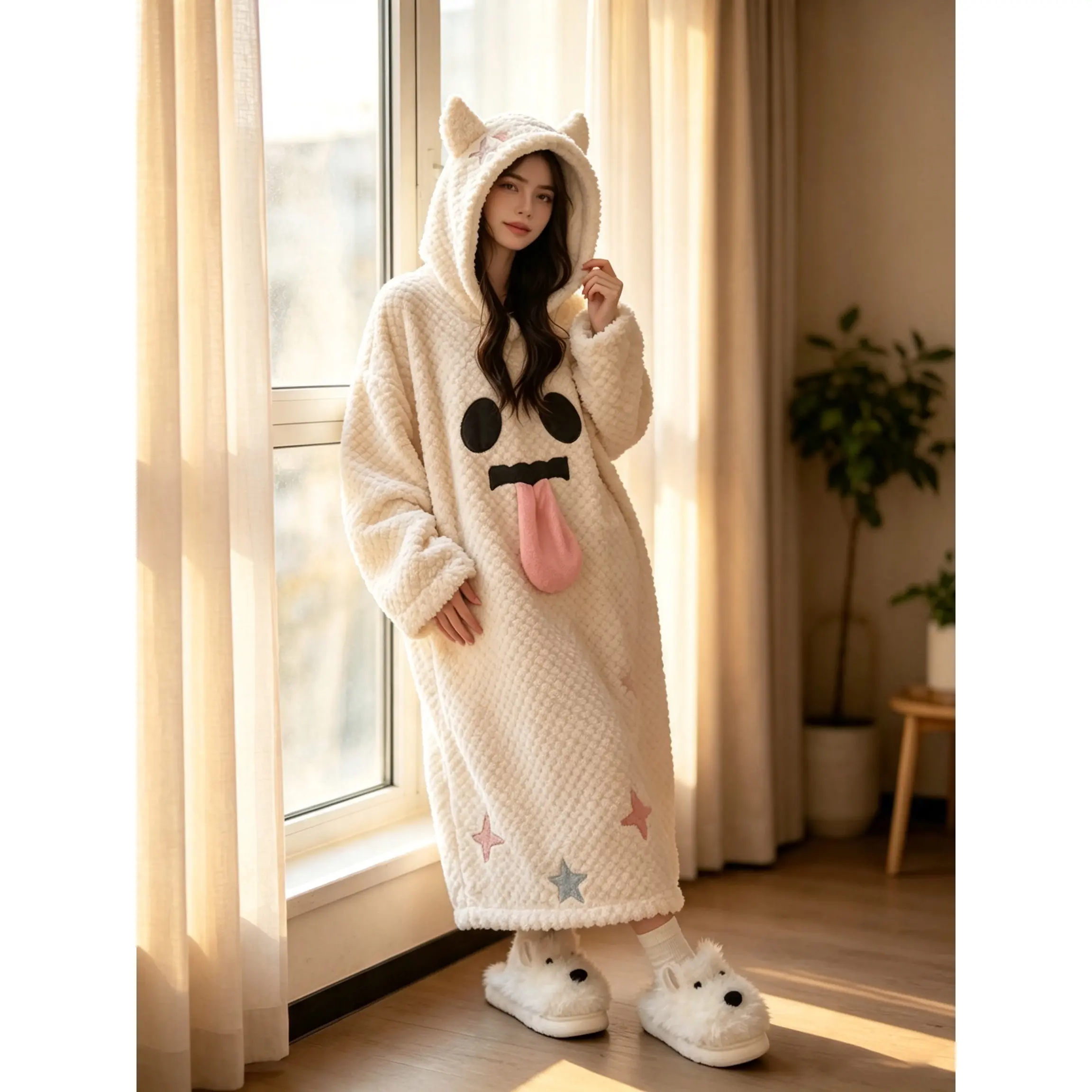 Funny Ghost Face Hooded Onesie Pajama Set for Women Halloween Thick Coral Fleece Winter Sleepwear| Cute Cartoon Kigurumi Lounge Wear with Pants