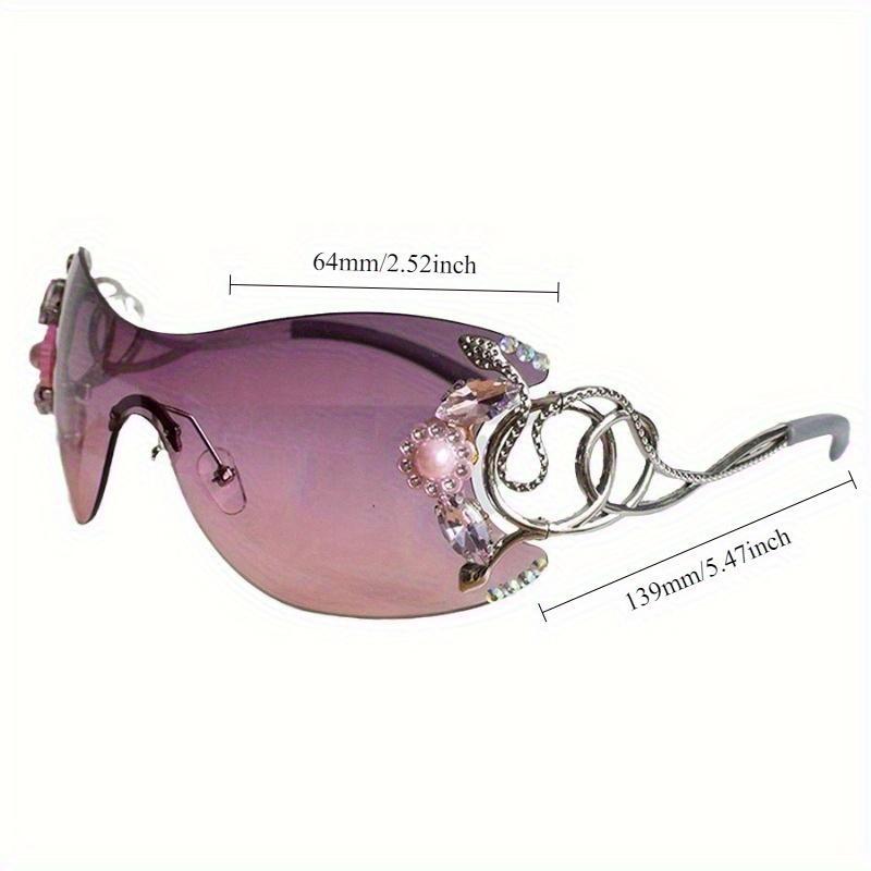 Frameless One-Piece Glasses for Women with Sparkling & Pink Floral Detailing, Gradient Purple to Pink Lenses, Trendy Eyewear for Photoshoots & Parties