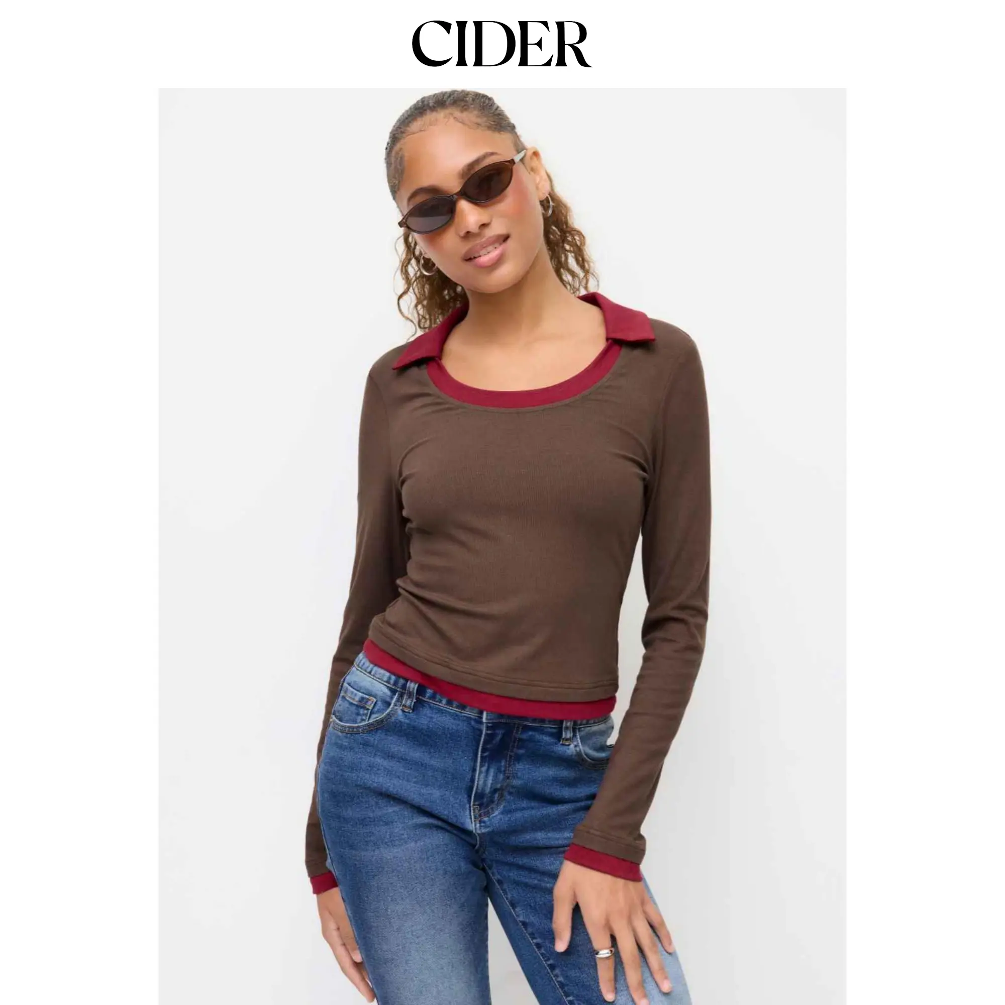 Cider Colorblock Two Tone Collar Scoop Neckline Long Sleeve Tee SummerFinds