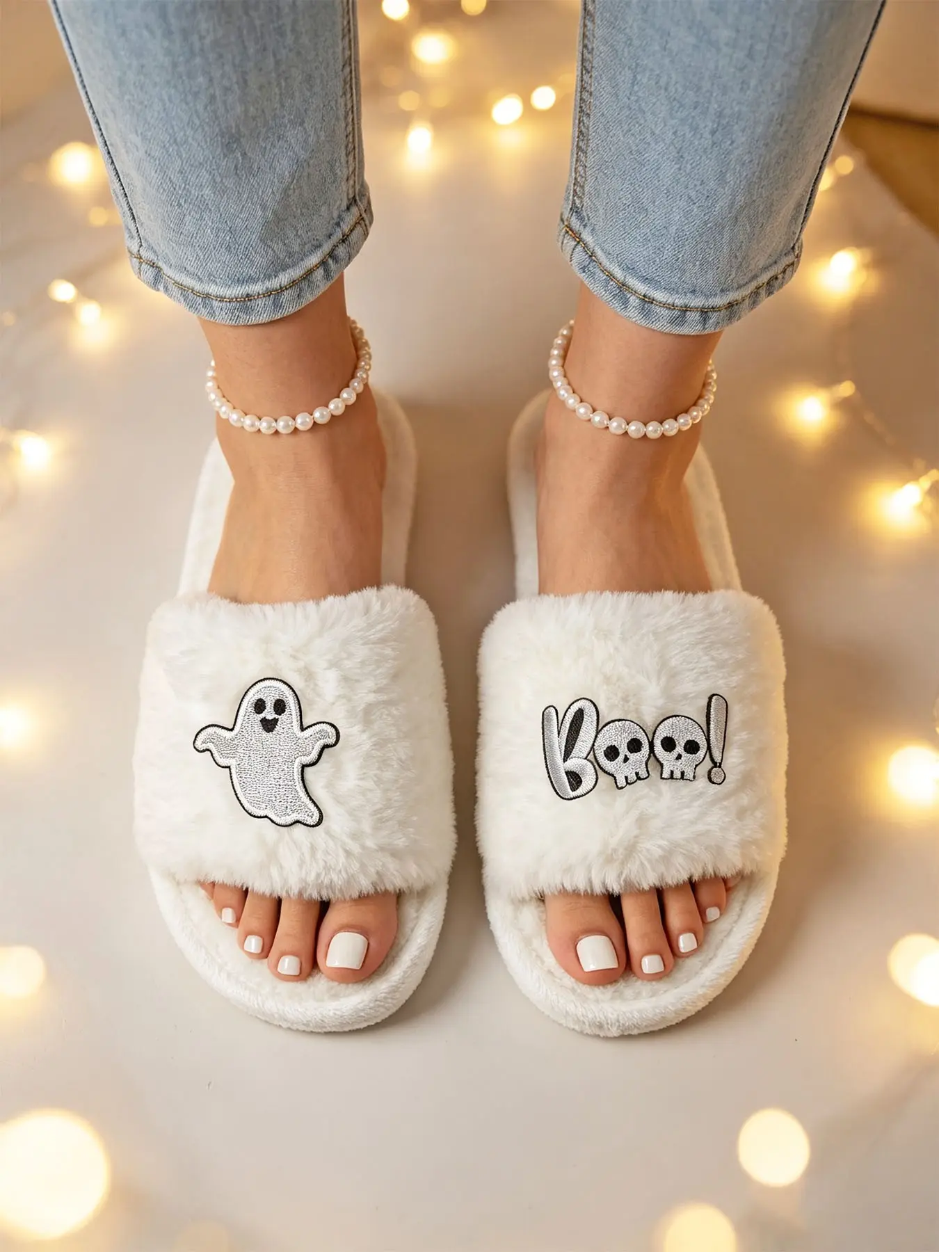 Halloween Plush Slippers, Ghost Home Slippers, Skull Letter Cotton Slippers, Open-Toe One-Word Plush Slippers, Fall Winter Warm Slippers
