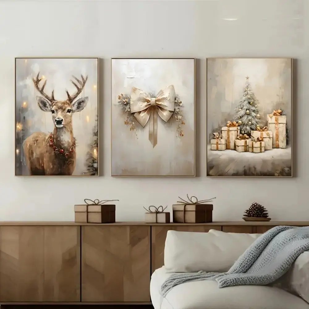 3 Pieces Christmas Tree & Nutcracker Canvas Art, Reindeer, Bow & Pine Tree Christmas Wall Art Posters, Bedroom Home Decor, Christmas, Framed and Unframed Options Available.