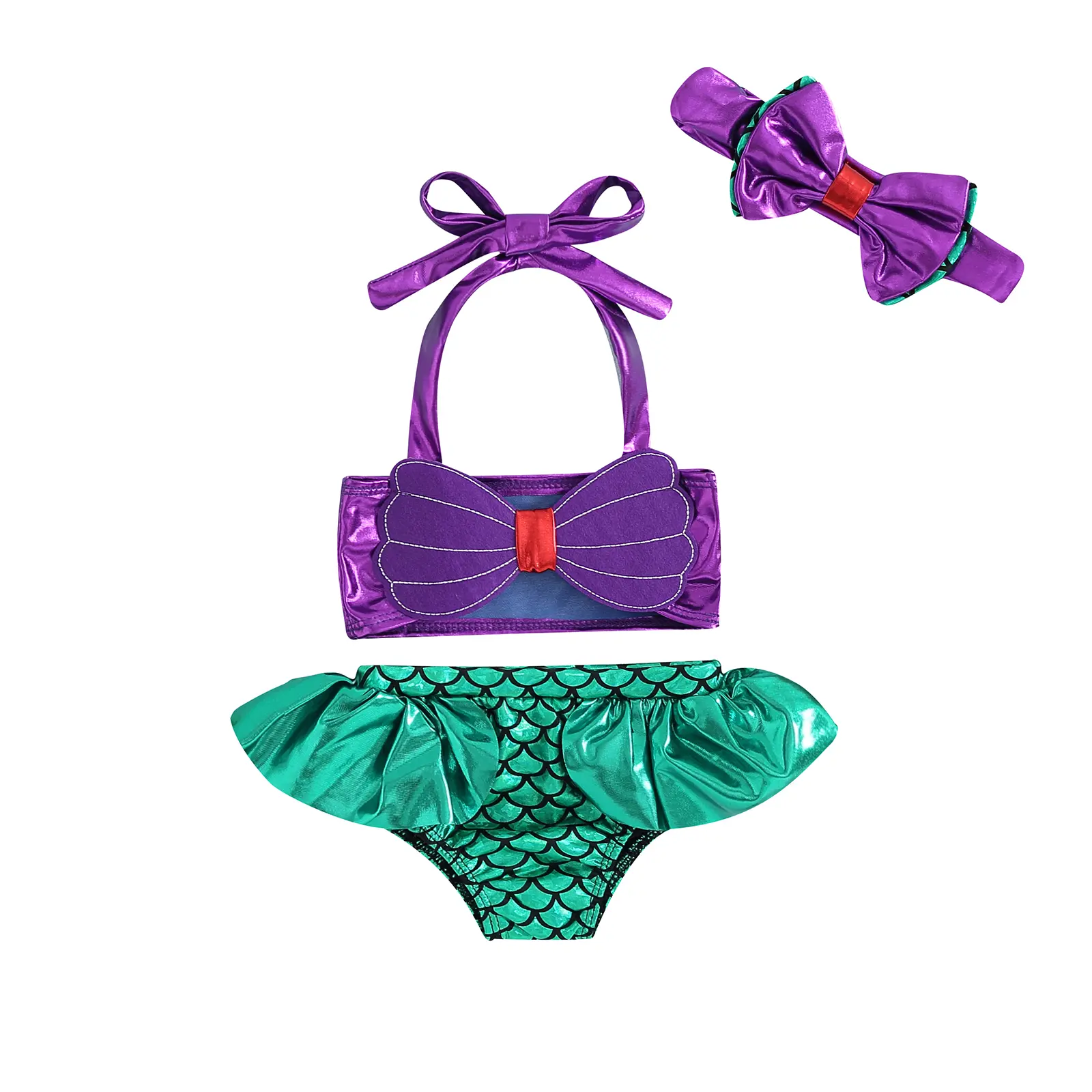 Canrulo 3Pcs Set Kids Infant Baby Girl Mermaid Swimsuits Halter Crop Swimwear Bikini + Fish Scales Triangle Briefs Set with Headband 0-5T