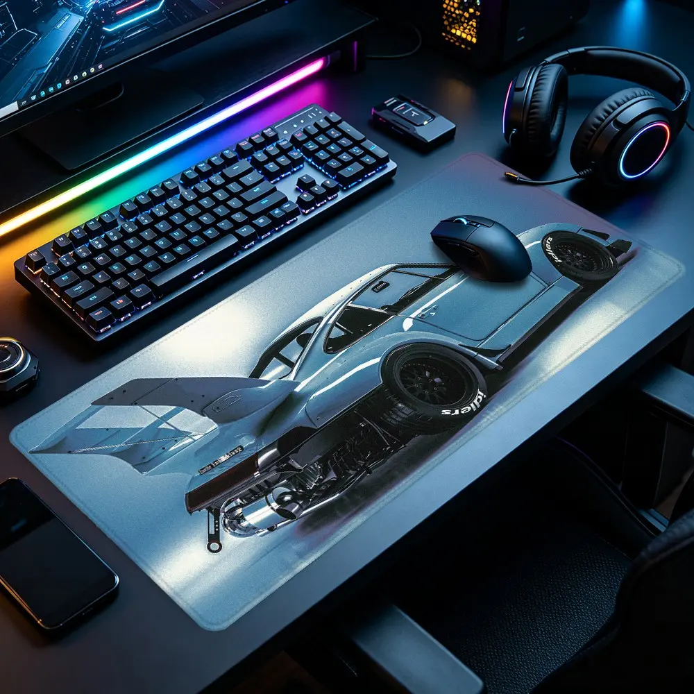 Silver Sports Race Car Large Gaming Mouse Pad,Extended XXL Desk Mat with Stitched Edge & Non-Slip Rubber Base, Suitable for Office, Gaming & Man Cave Desks, Perfect for Classic Modified Automotive Racing Fans