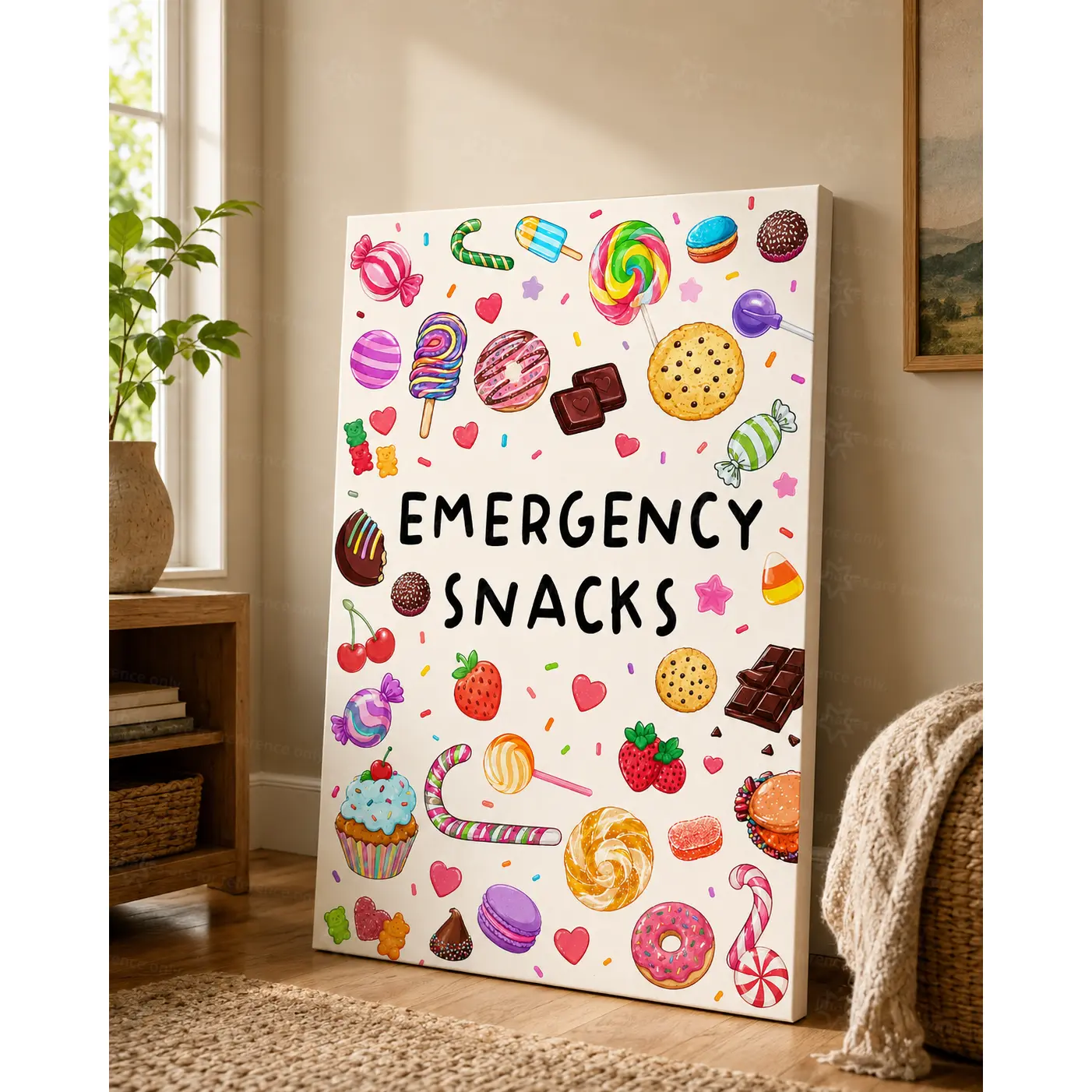 Cute Cartoon Emergency Snacks Candy Dessert Canvas Poster Print - Colorful Sweet Food Wall Art Decoration for Kitchen, Wood Framed or Unframed Wrap, Room Home Decor Gift Supplies