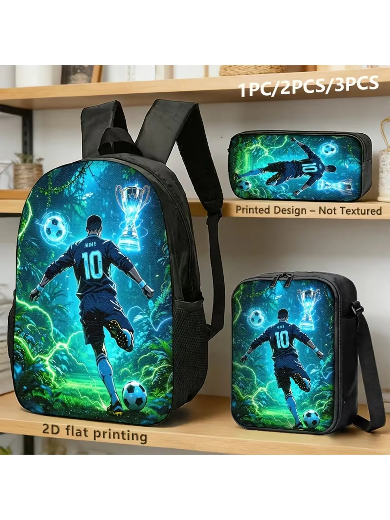 3 in 1 Sports Football Player No.10 Art Pattern Backpack Set for Boys | Christmas Gift & Back to School Gift, Lightweight Kids School Backpack, Insulated Lunch Box, Pencil Case, Trendy Soccer School Supplies