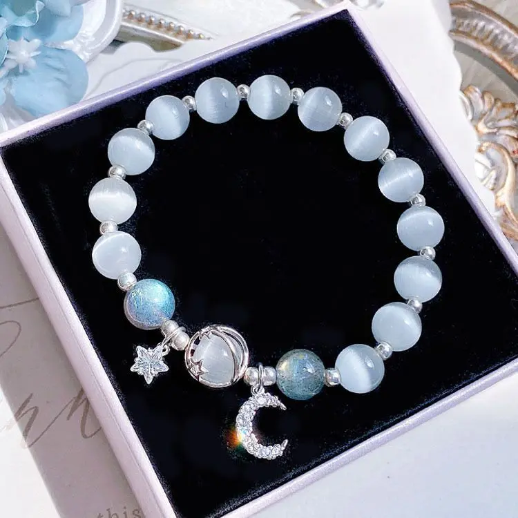 Bracelet Vintage Gray Moonstone Lucky Beads Dainty Jewelry For Women Daily Wear Boho Style Accessory