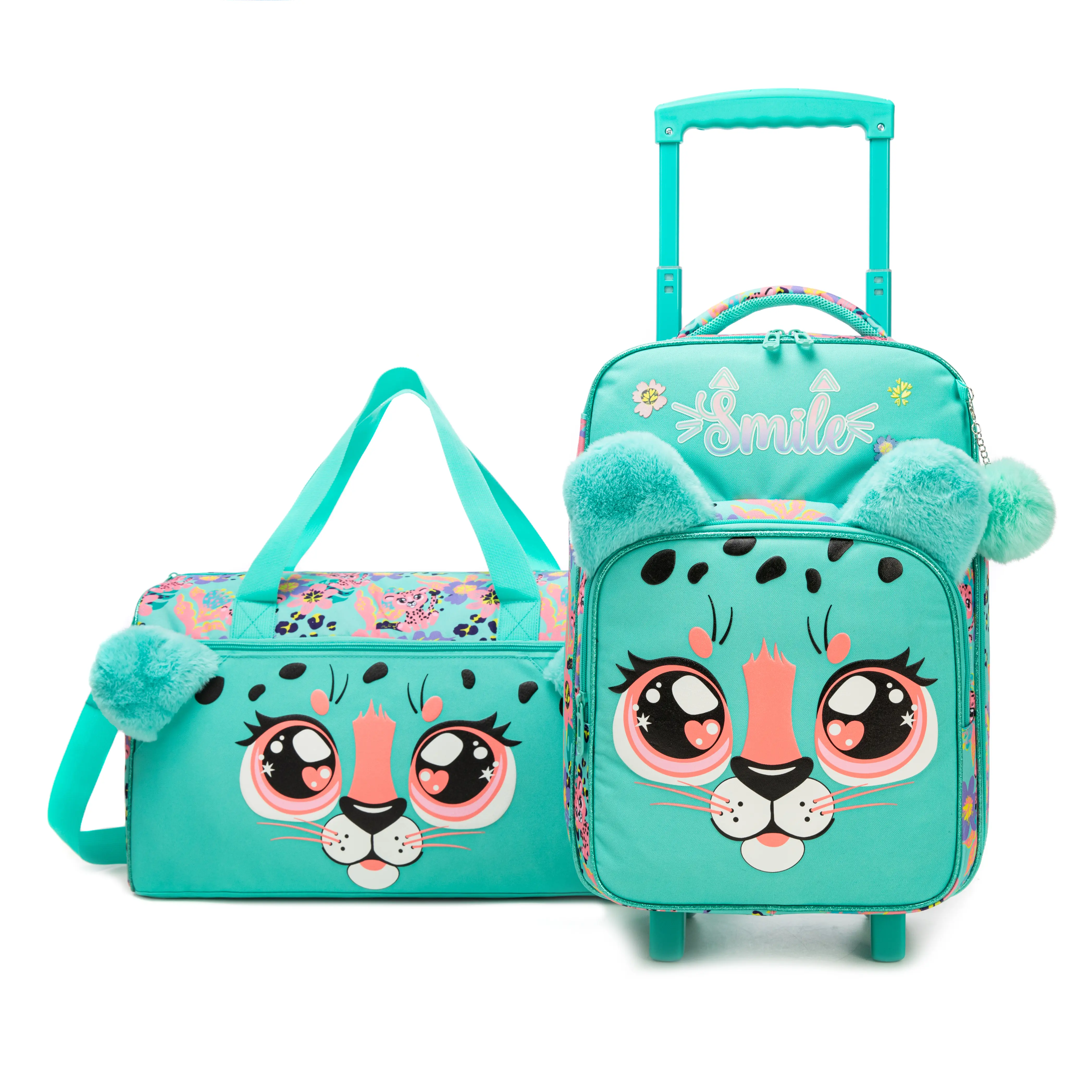 Kids Softside Rolling Luggage Set with Duffel Bag | Cute Mint Green Leopard Carry On Suitcase with Plush Ears for Girls | Toddler Travel Gear 2026