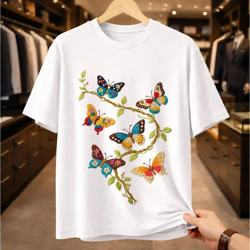 Men Women Casual Short Sleeve T Shirt 3D Embroidery Style Multiple Butterflies Vine Floral Graphic Tee Loose Aesthetic Streetwear Outfit