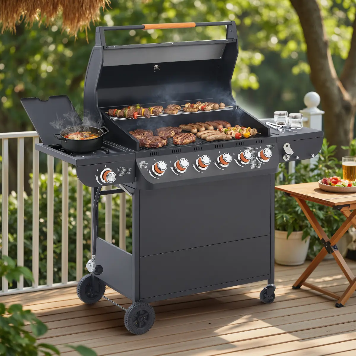 72000 BTU 6-Burner Gas Grill with Side Burner – Stainless Steel Propane BBQ Grill, Cast Iron Cooking Grates, Rust-Resistant Outdoor Patio Grill with Folding Side Shelves, Heavy-Duty