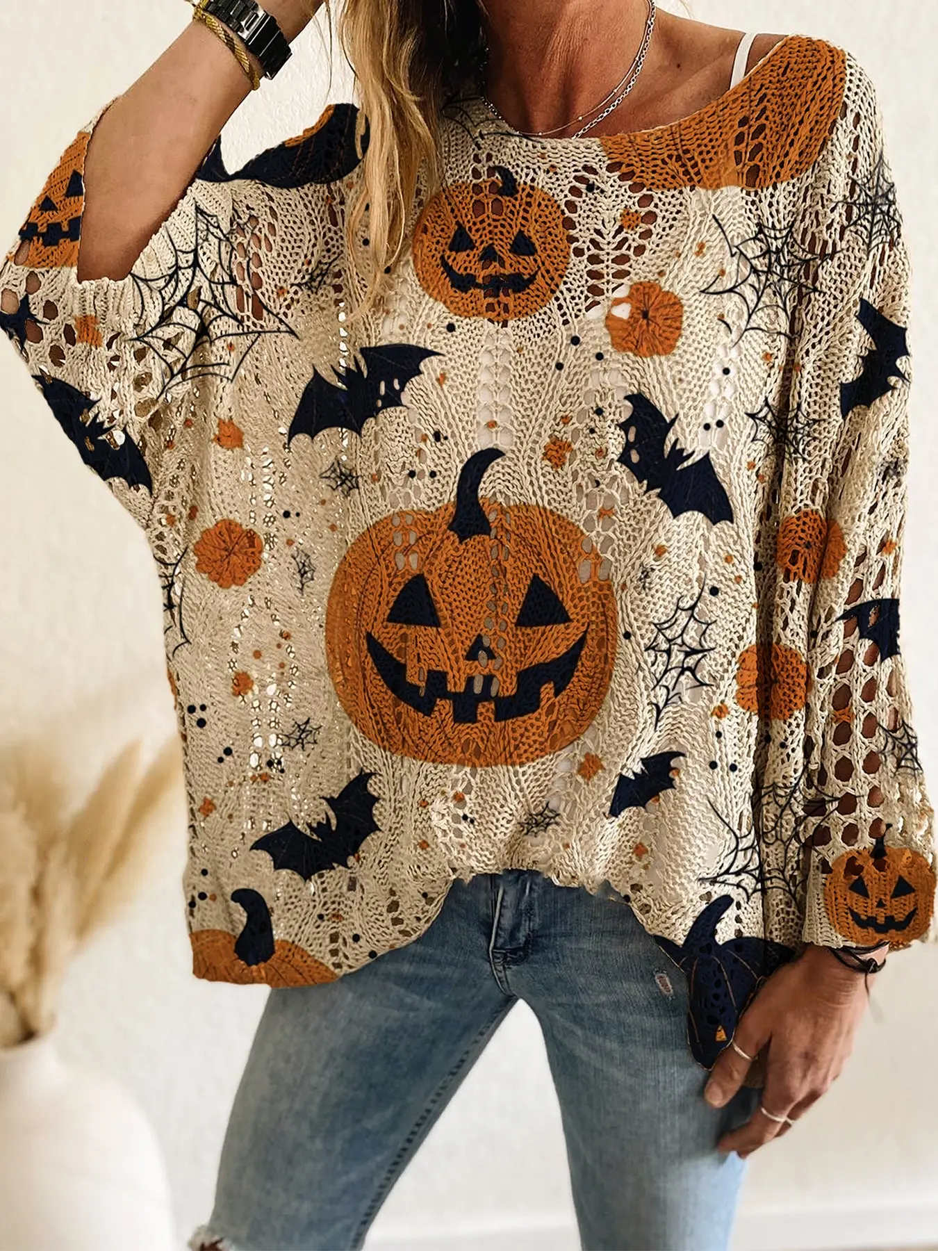 Women's Boho Style Long Sleeve Knit Top, Batwing Shoulder Design, Halloween Print, Casual Elegant Commuter Wear, Bikini Cover-Up, Knitwear