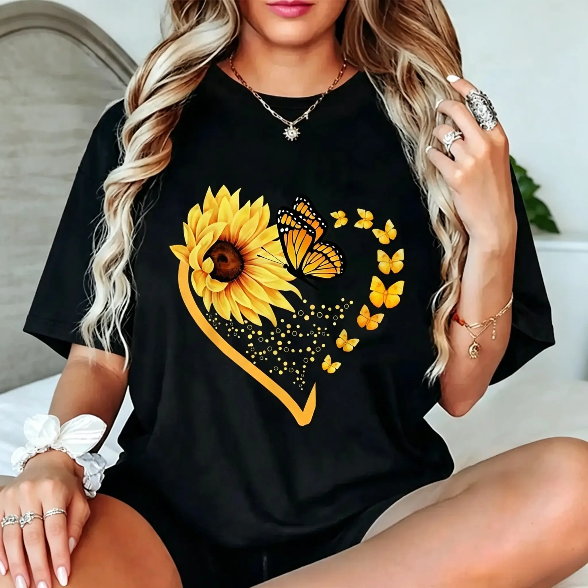 100% Cotton Sunflower Butterfly Heart Summer Floral Girls Women T-Shirt