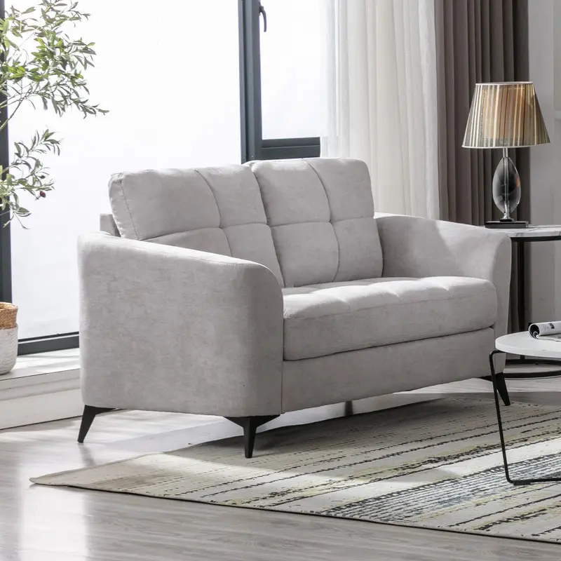 Nokaa Loveseat 60" Light Gray Velvet Tufted Couch for Living Room, Pocket Coil Seating, 42" Seat Width, 19.5" Seat Height, 21.5" Seat Depth, 22" Arm Height, 18" Seat Back Height, 5.5" Leg Height, Black Metal Legs, Indoor Sofa