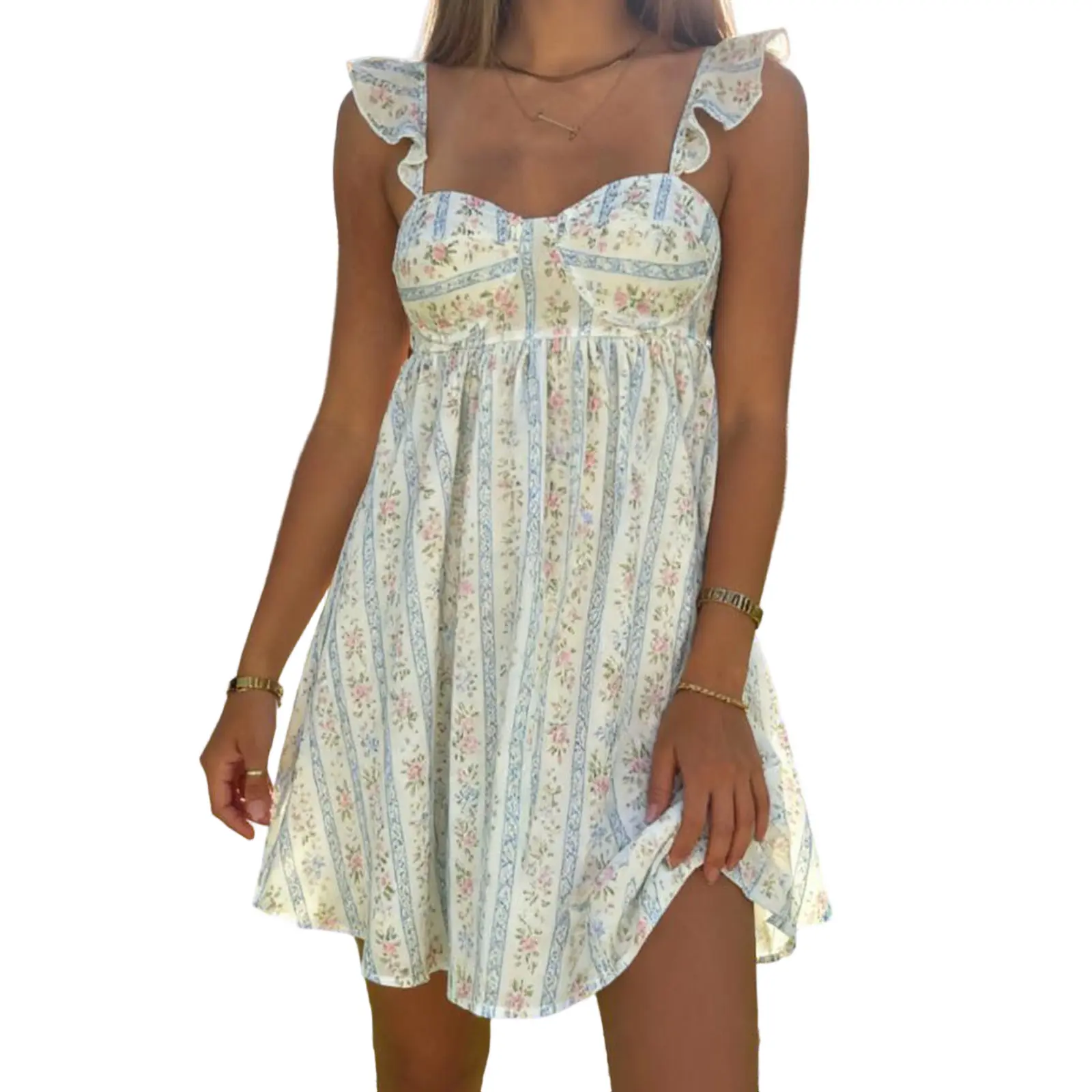 Women's Summer Dress Elegant Flower Print Sleeveless Sweetheart Neck Mini Dress for Party Date Night Wear