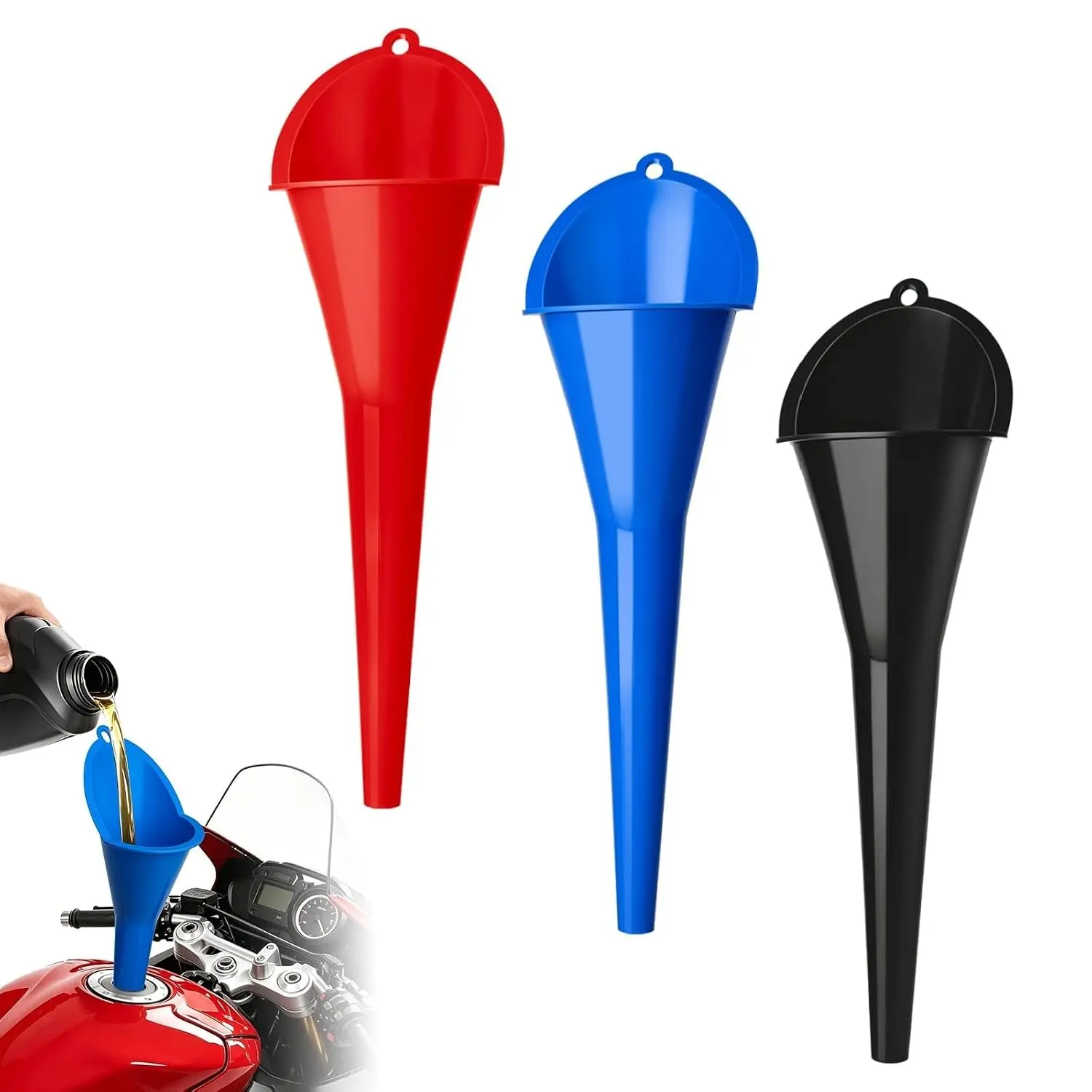 3 count Long  Funnels Set Gas Oil Change Tools for  Automotive | Small  Oil Funnels kit Transmission Fluid Plastic Coolant Narrow Tip Engine  Water  (Red,Blue,Black)