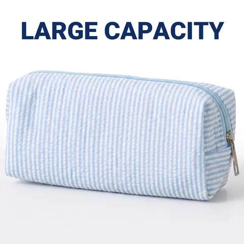 Cute Seersucker Striped Pencil Bag, Large Capacity Multifunctional Storage Pouch for Stationery and Cosmetics, Office Desk Accessories