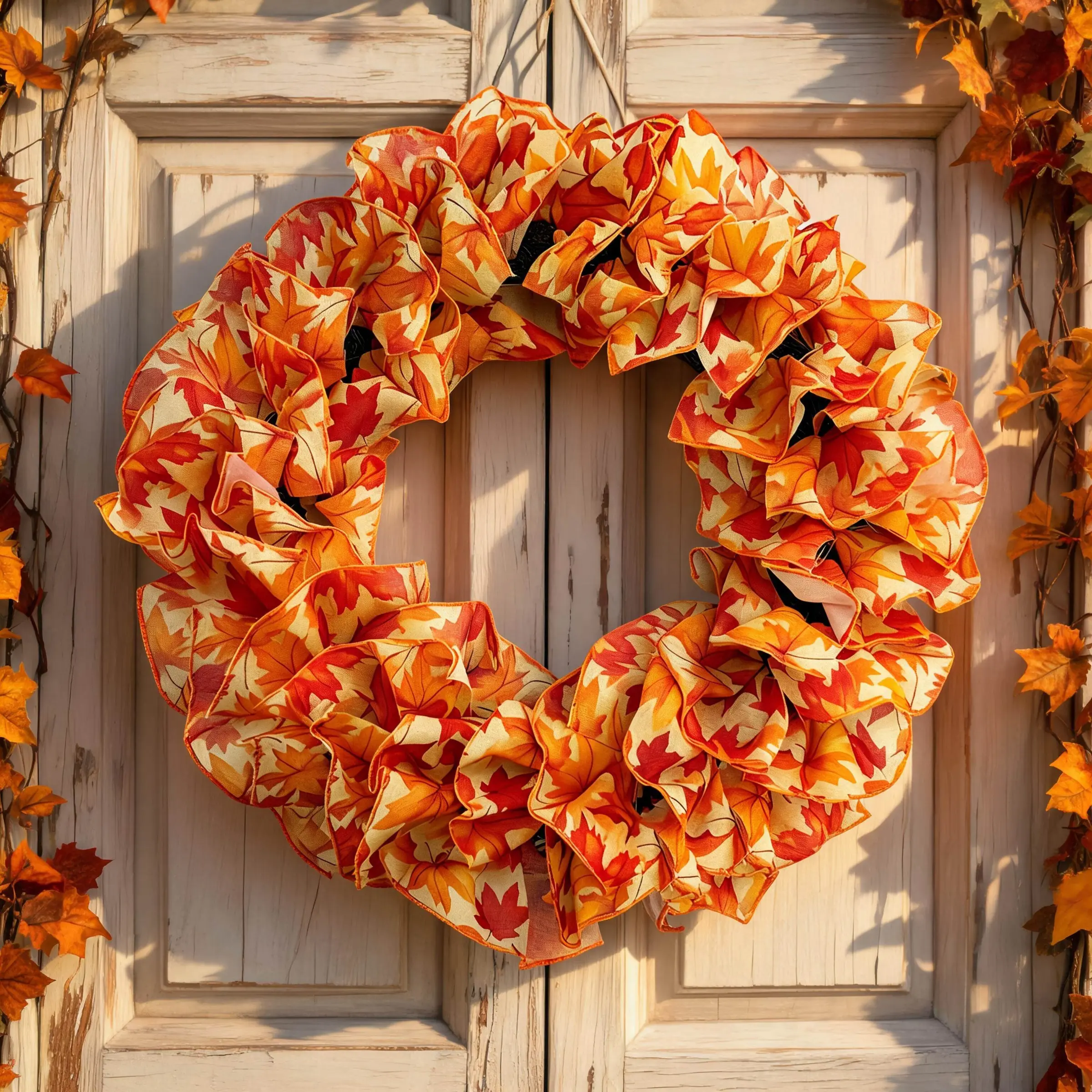 Fabric Fall Maple Leaf Wreath, Artificial Burlap Silk Cloth Autumn Wreath, Front Door Thanksgiving Harvest Wreath, Home Decor for Halloween, Thanksgiving, Christmas, Festive Decoration