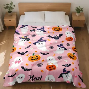 1Pc Pet-Friendly Halloween Blanket - Soft Plush Flannel Throw With Pink Cute Ghosts, Pumpkins & Bats Pattern, Machine Washable Cozy Throw For Sofa, Camping, Bed, Pet Corner Decor - Ideal Halloween Thanksgiving Gift, Sofa Accessory, Whimsical Design, Seaso