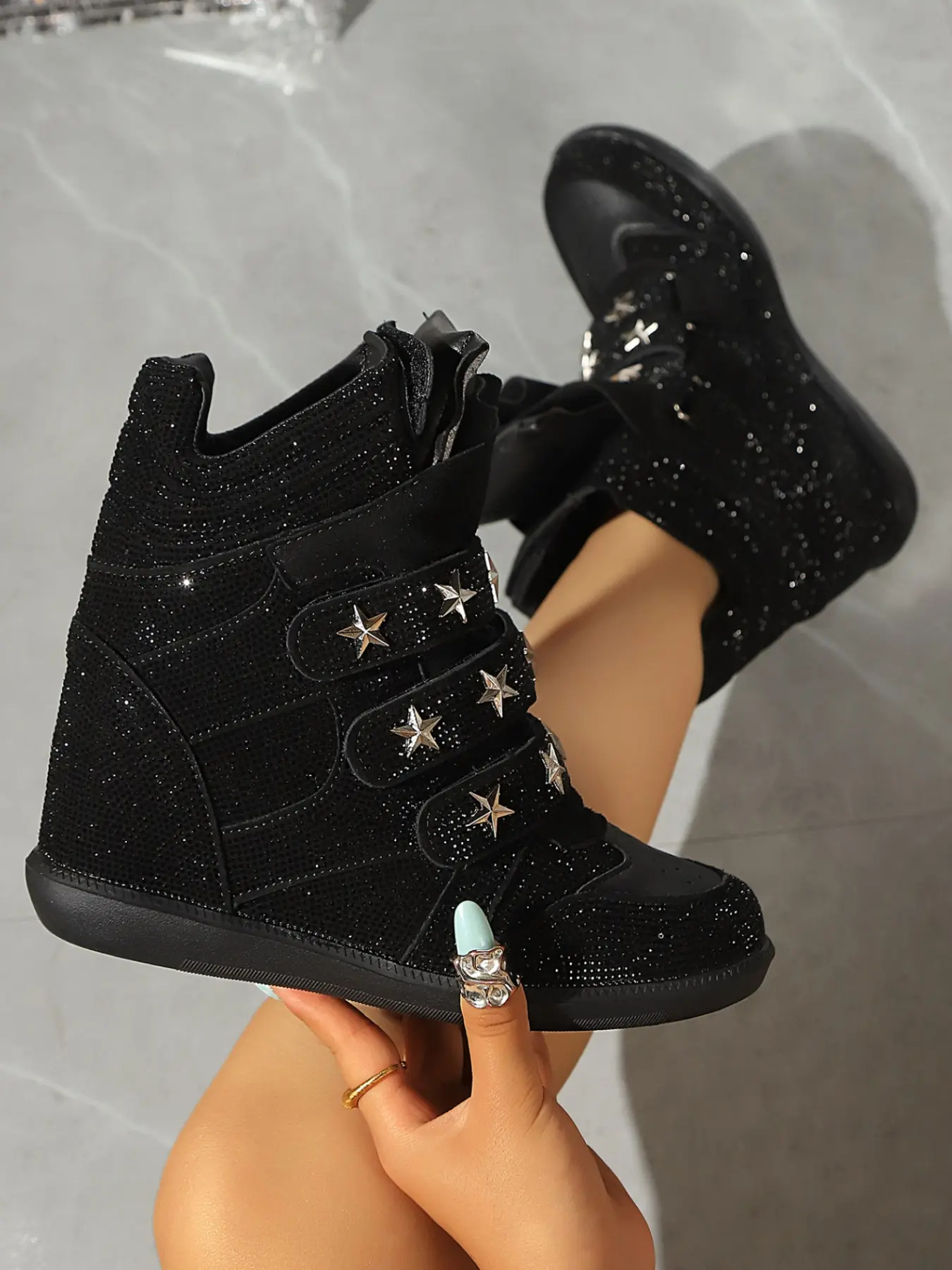 Rhinestone Star Studded Wedge High Top Sneakers Women | Full crystal bling upper, 3 velcro straps star rivets, hidden wedge lift platform | 2 colors Y2K streetwear party shoes