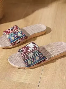 Bohemian Ethnic Print Linen Slippers, Breathable Silent Anti-Slip Cotton Hemp Home Slippers, Summer Indoor Cool Slippers for All Seasons