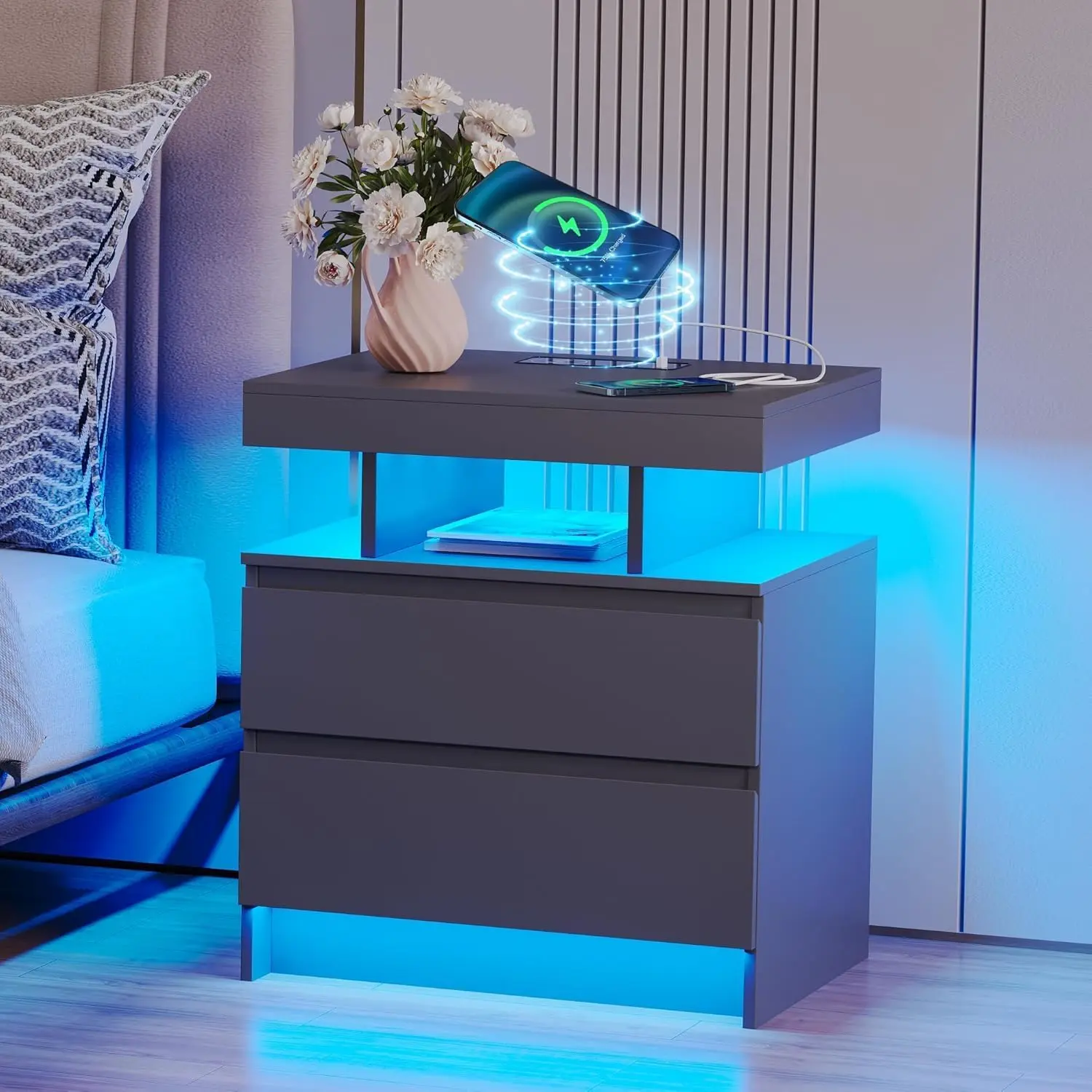 LED Nightstand with  Station,  Bedside Table, Grey | Modern Night Stand, Floating Desktop, 2 Drawers, 1 Compartment, Human  Sensor, for Bedroom Living Room Office Storage
