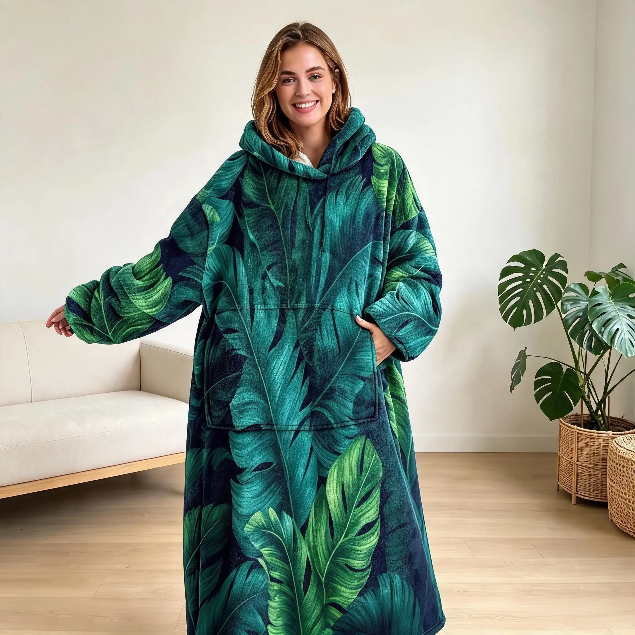 1pc Flannel Hooded Wearable Blanket, Tropical Monstera Leaf Print, Cozy Lazy Blanket, Bedroom Decor, Nap & Air Conditioning Blanket