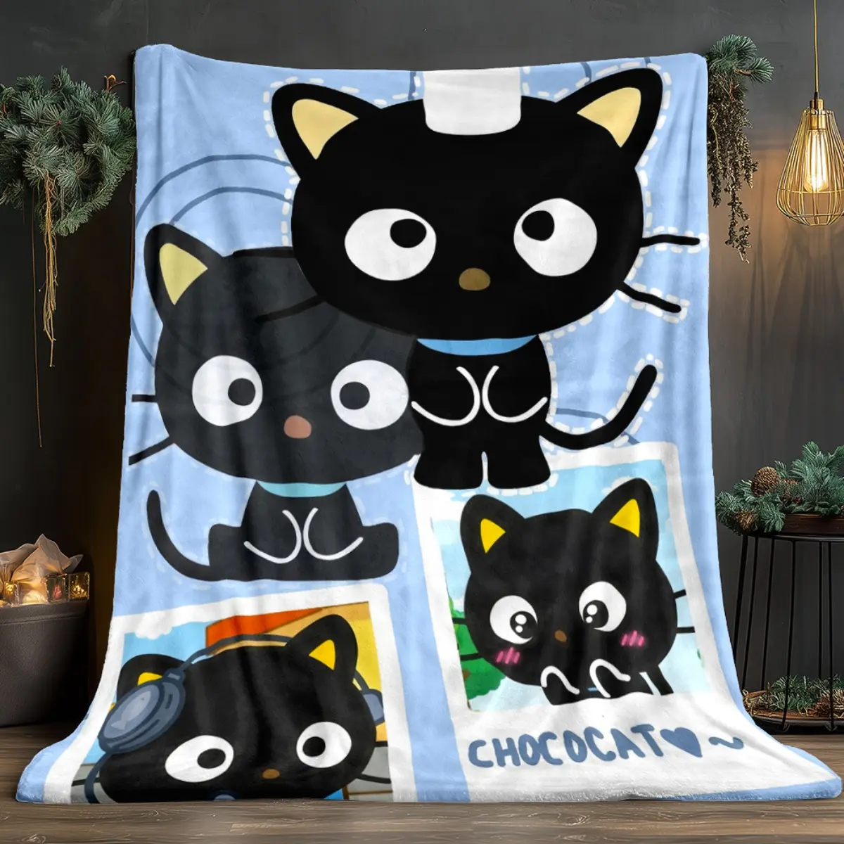 Sanrio Chococat Polaroid Collage Flannel Throw Blanket, Light Blue Cute Black Cat Cartoon, Soft Warm for Home Room House Decor, Whimsical Home Decor Camping Travel Gift for Kawaii Girls Fans