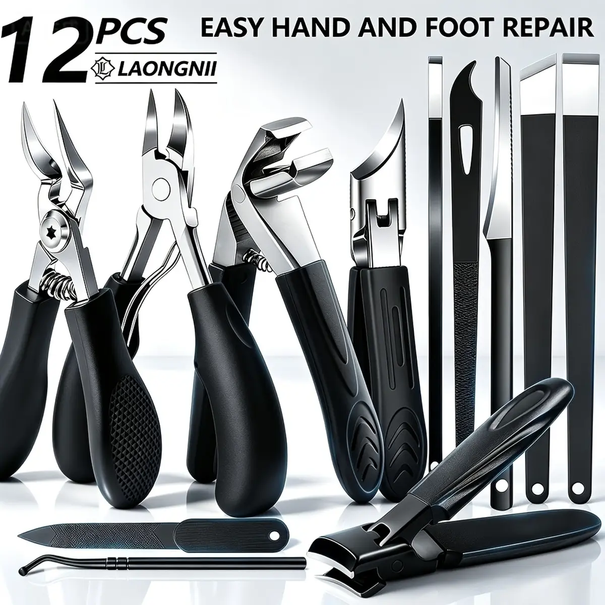 12PCS Heavy-Duty Stainless Steel Toenail Clipper Set - Senior-Focused Pedicure Kit with Curved/Straight Cuticle Nippers, Pushers & Removers for Thick Nails