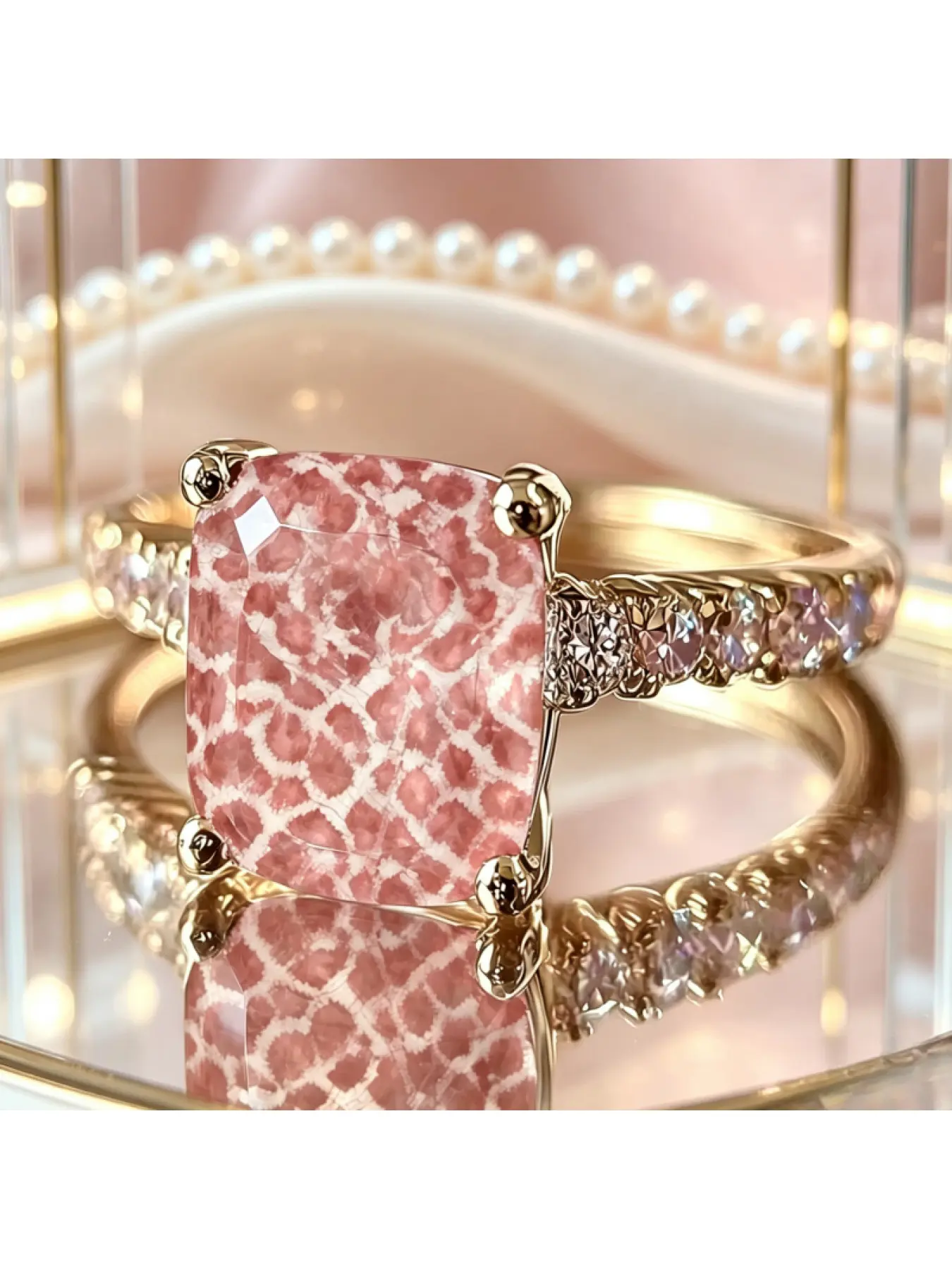 Retro peach pink spotted leopard print square ring with full diamond and gilded ring arm, a Y2K sweet and spicy girl's daily party gift jewelry
