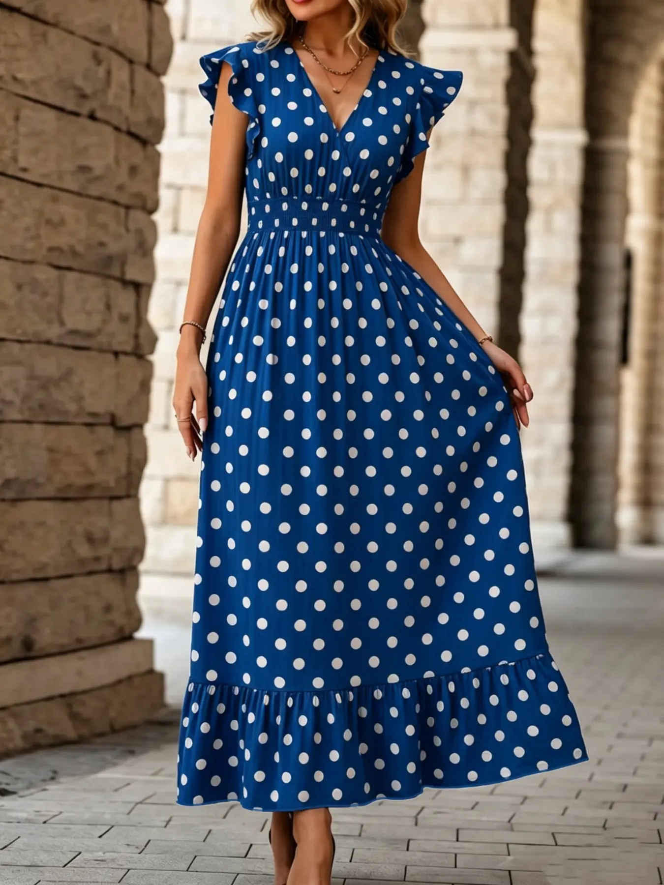 Women's Fashion Elegant Casual V-Neck Polka Dot Print Ruffle Trim A-Line Dress, Stylish and Comfortable Summer, Perfect for Daily Wear, Casual Beach Sundress
