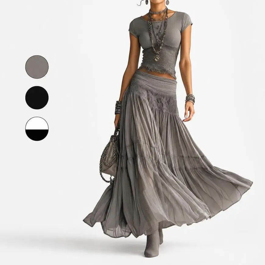 Women's Sporty Chic 2-Piece Sports & Outdoor Outfit - Fitted Shortsleeve Lace Detailing Top, Flowy Chiffon Fabric Skirt for Vacation Street Style, Lady