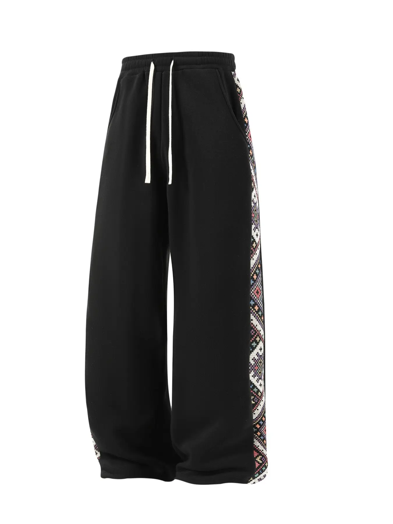 Men's Ethnic Style Geometric Patchwork Sweatpants, Vintage Loose Fit Sporty Long Pants, Casual Drawstring Waist Streetwear Joggers, Knitted Sports Pants