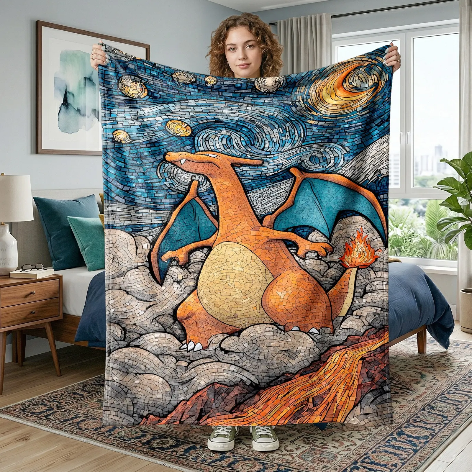 Charizard Mosaic Fleece Blanket, Fantasy Dragon Throw Blanket, Stained Glass Art Flannel Blanket with Fire Dragon, Moon, Starry Sky & Clouds, Soft Cozy Blanket for Couch, Bed, Office, Camping, Birthday & Christmas Gift