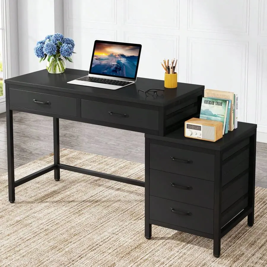 Computer Desk With 5 Drawers, Multi-Purpose Office Desk With Convertible Drawer Cabinet Printer Table, Industrial Style Study Desk With Ample Storage Home Ofice Decor Furniture, Black
