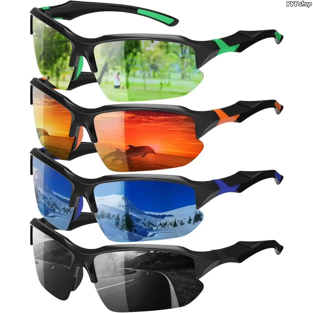 Men’s 4-Pack Fashion Half-Rim Rimless Eyewear Set, Anti-Glare Glass Polarized Lenses, UV400 Protection, Lightweight Frame Outdoor Driving Shades for Daily Outings, Sports