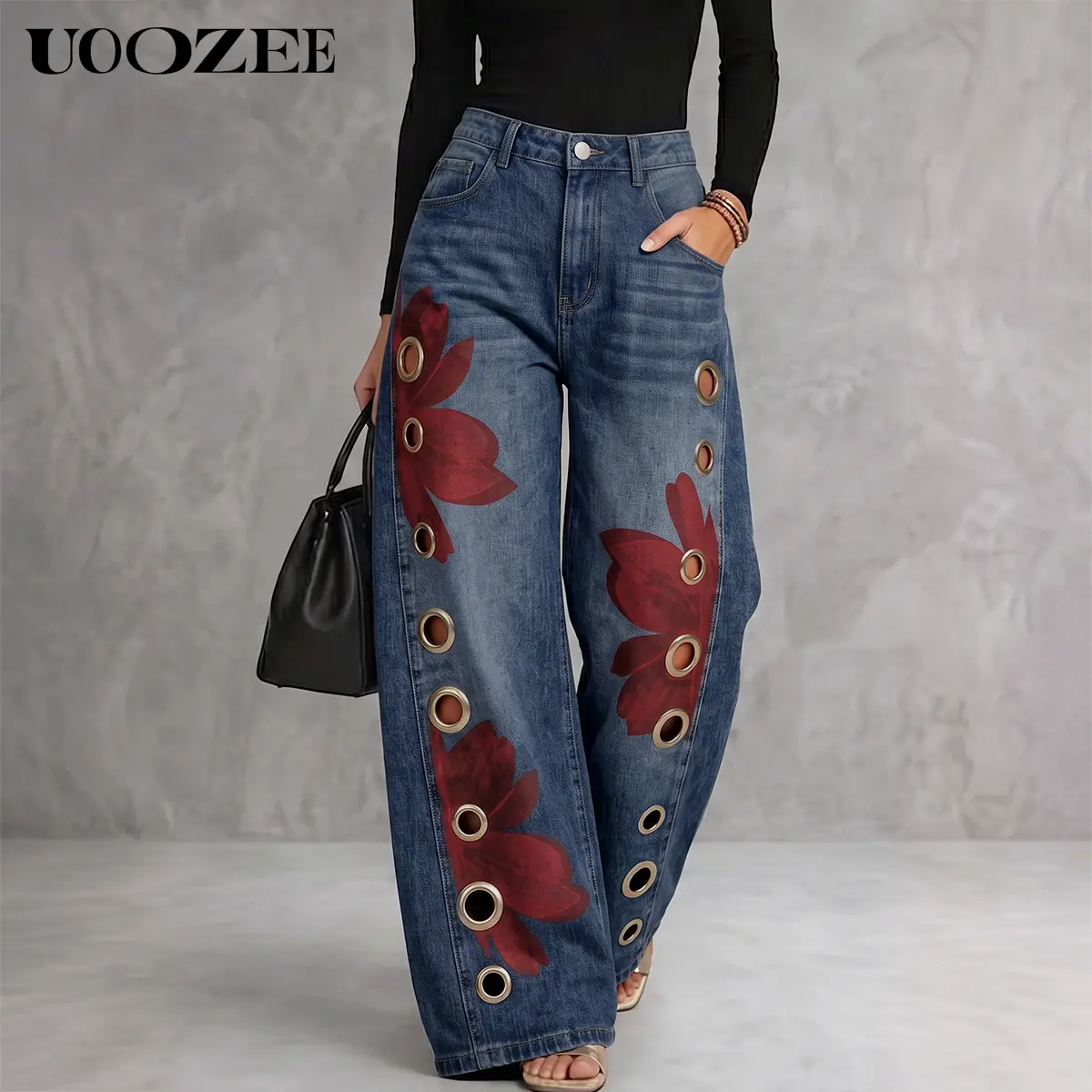 UOOZEE Women's All Season Non-Stretch High Waist Wide Leg Polyester Fabric Denim Jeans - Red Floral Print, Metal Eyelet Hollow, Washed, Real Pockets, Size Down 1 For Fitted Slim Fit, Street Style Casual Bottoms, Loose, Jean Pants, Cotton Blend