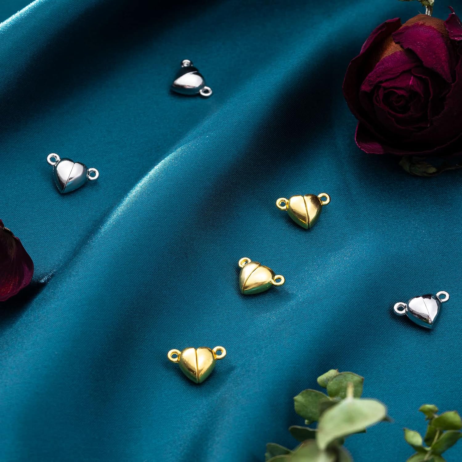 48 Pieces Heart Shaped Magnetic Clasps for Jewelry Gold Silver Bracelet Clasps Closures Magnetic Breakaway Converter for Bracelet Necklace DIY Making Wedding Jewelry Accessories