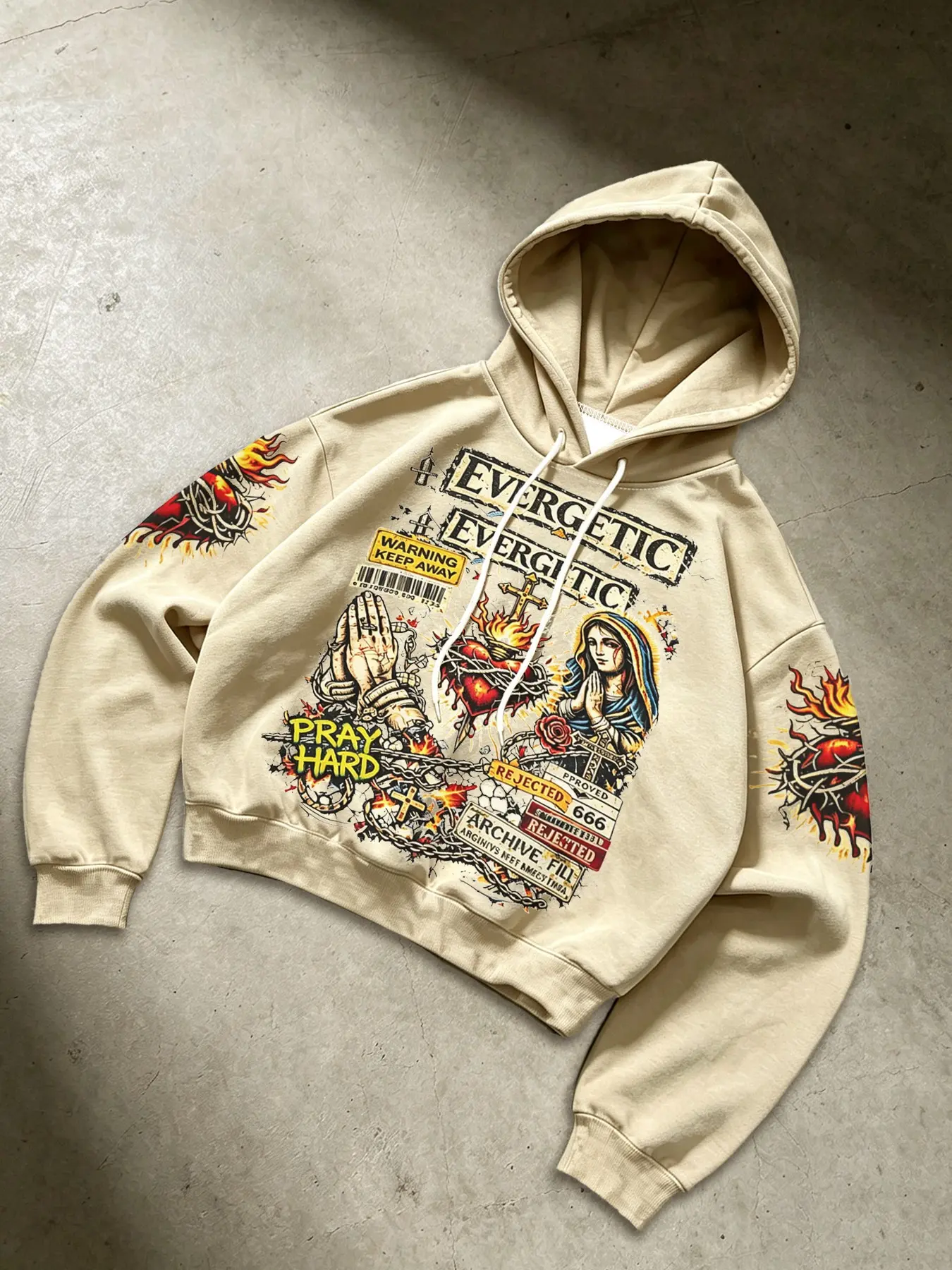 Men's Vintage Hoodie With Gothic Cross Praying Flame Pattern Print, Suitable For Punk Street Style, Hip Hop Style And Music Festival Outfits