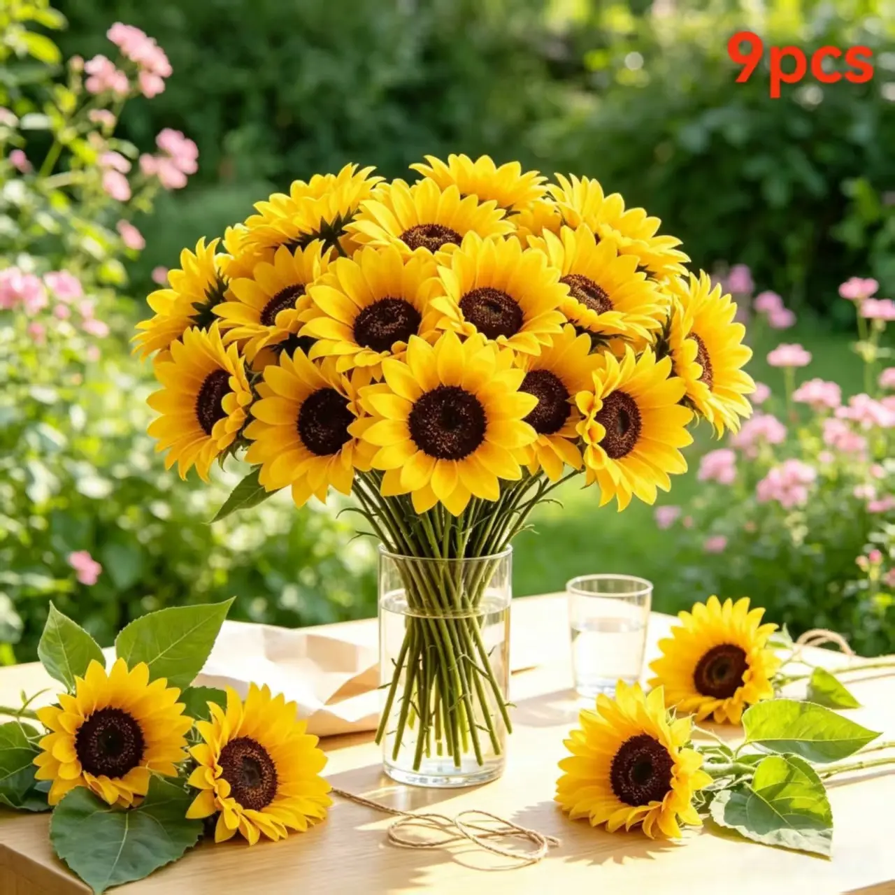 The simulated sunflower bouquet is suitable for wedding table decorations, bride's boutonniere, and home decor. It includes blooming flowers and sturdy stems.