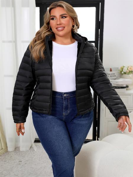 Women's Plus Size Winter Puffer Jacket, Hooded Long Sleeve Woven Fabric, Casual Fitted Plain Design, Daily Commute Outerwear, Casual Jackets