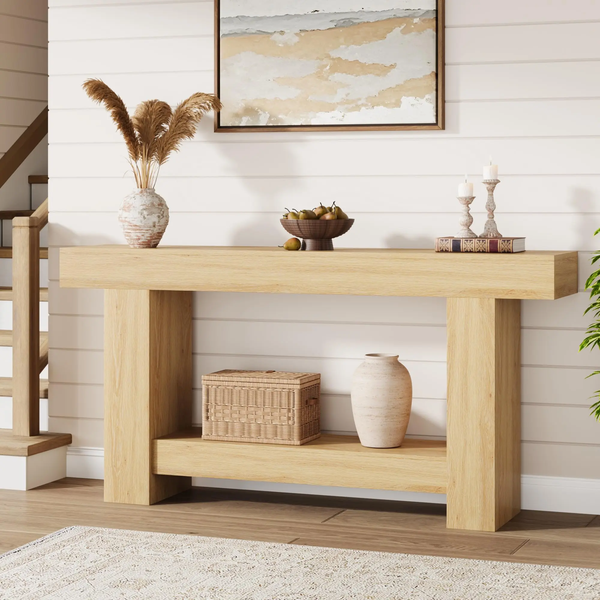 63" Rectangle Rustic Engineered Wood Farmhouse Console Table - 2-Tier Narrow Depth Double Shelves Accent Piece, Entryway, Side Table, Simple Assembly Required for Living Room, Ivory Grey