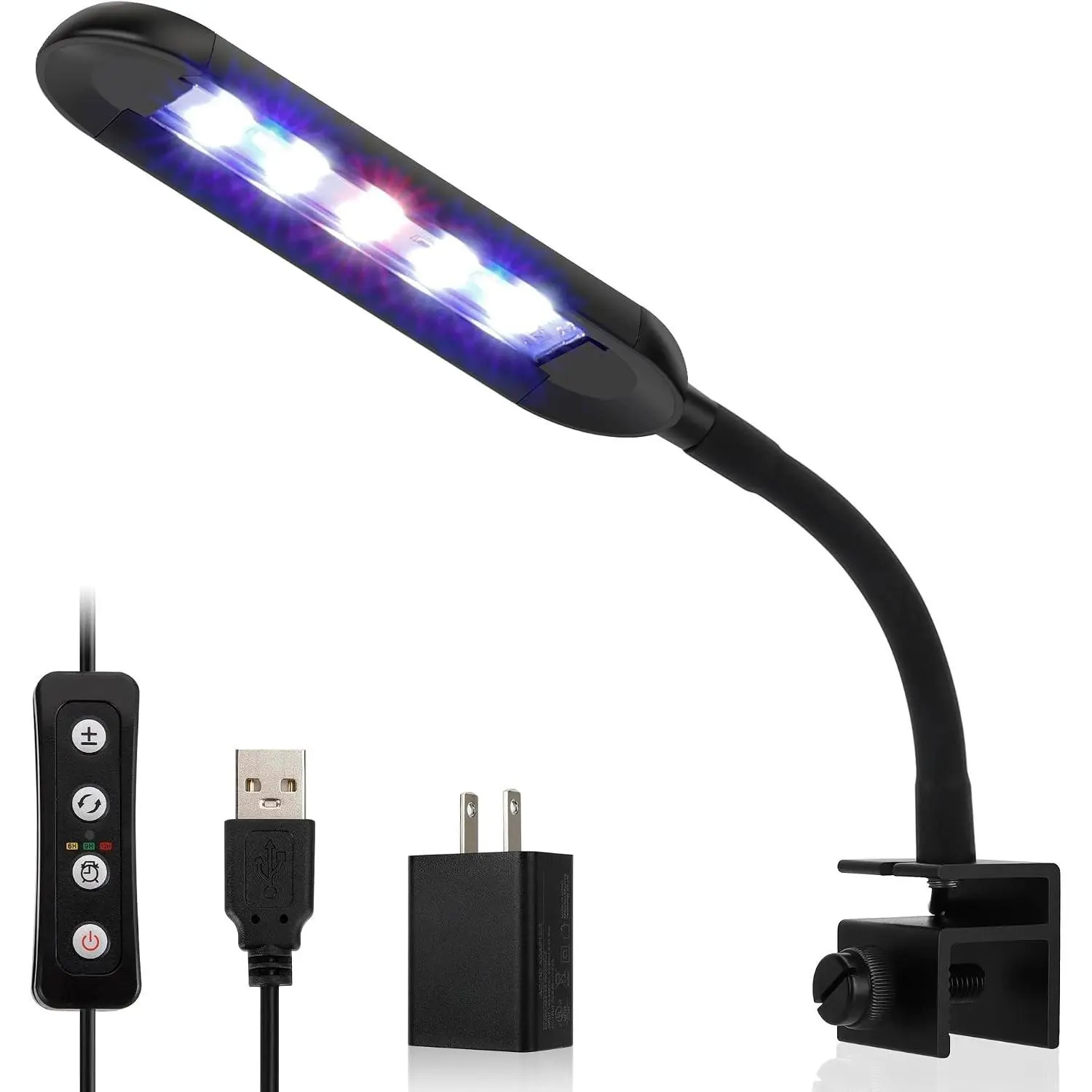hygger 0.5-5 Gallon Nano Tank Mini Clip-on Aquarium Light with White Blue Red LEDs Fish Tank Lighting Built-in Timer 5 Brightness Levels 6W with USB Port (Include Power Adapter)Gift